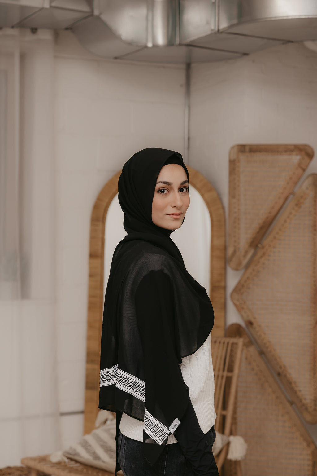 Keffiyyah Black (with White Pattern) Chiffon Hijab with Matching Undercap - leenashijabs