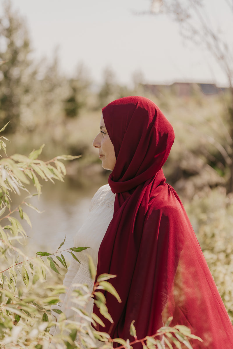 Dark Red Chiffon Hijab with Matching Undercap